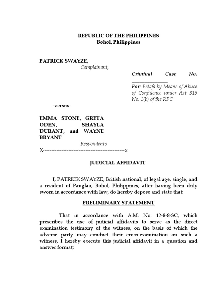 Republic of The Philippines Bohol, Philippines Criminal Case No. For