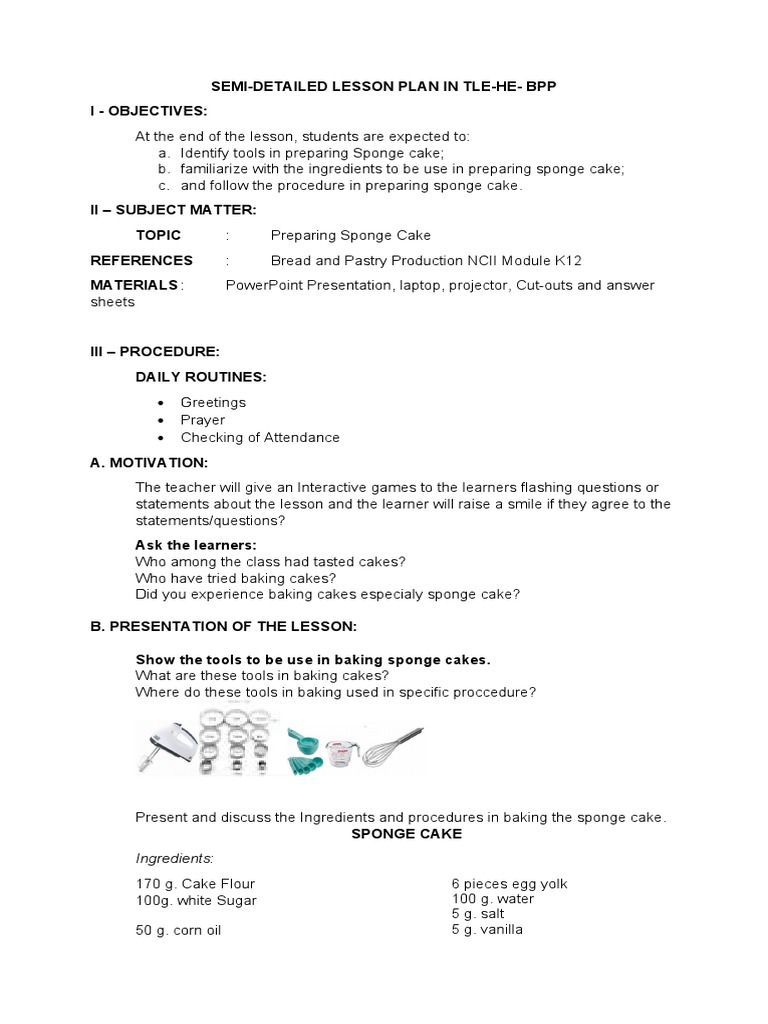 Sponge Cake Preparation Lesson Plan | PDF | Cakes | Baking