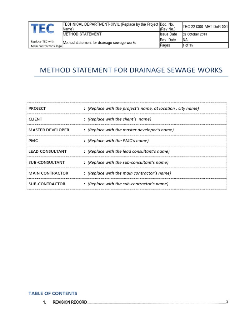 TEC221300 METDoR001 (Method Statement For Drainage Sewage Works