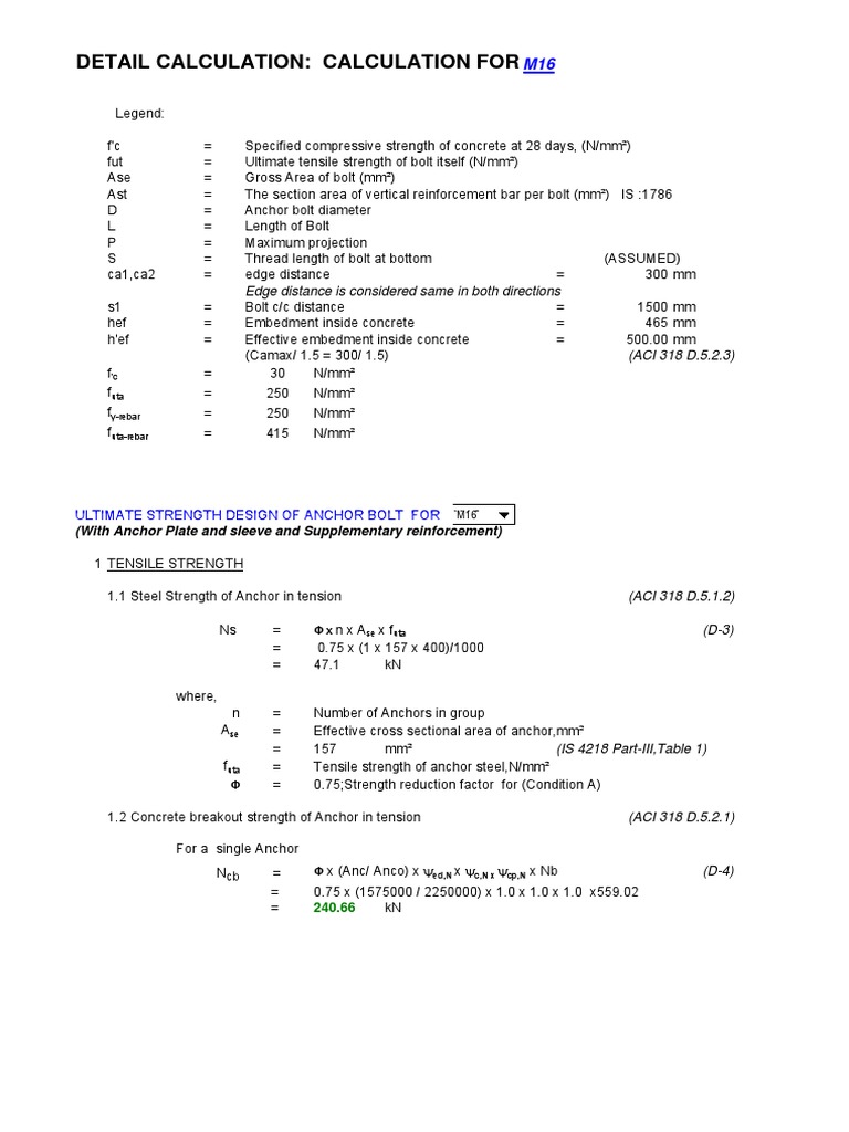 Calculation of Ultimate Strength of M16 Anchor Bolt Embedded in