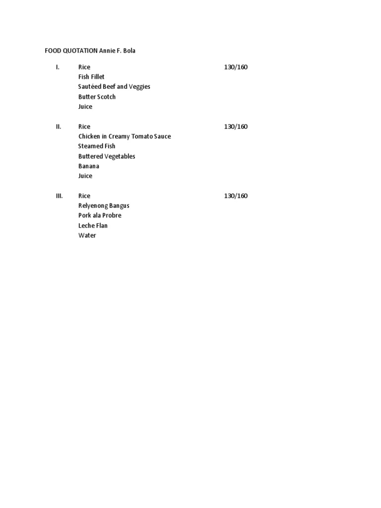 Food Quotation Menu by Annie F. Bola | PDF | Cooking, Food & Wine