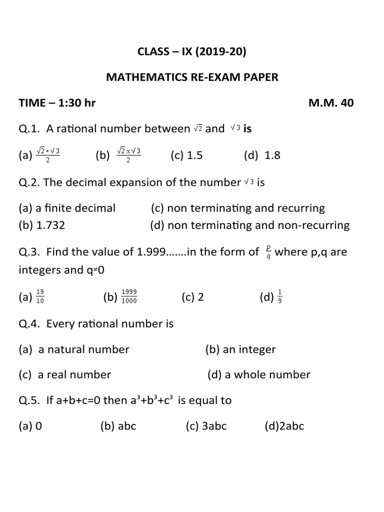 Class IX Mathematics Re-Exam Paper | PDF | Triangle | Mathematical Concepts