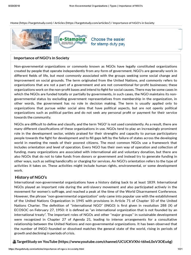 Non-Governmental Organizations - Types - Importance of NGO's PDF | PDF ...