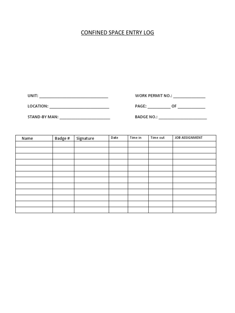 Confined Space Entry Log Template | PDF