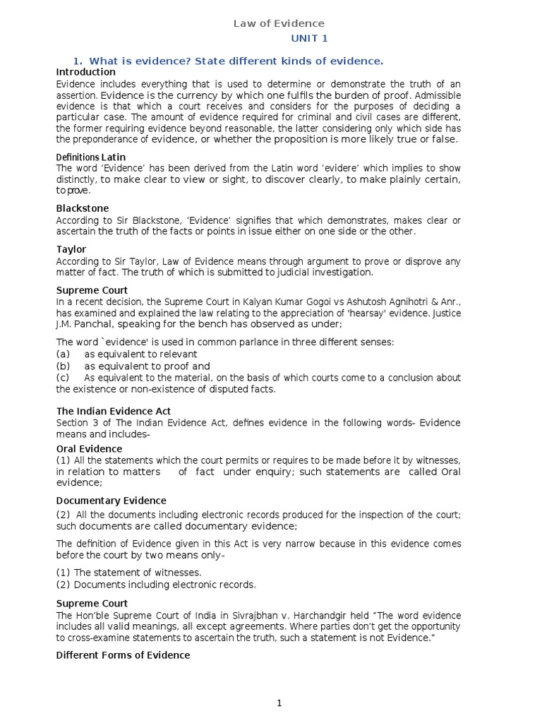 Unit 1 1. What Is Evidence? State Different Kinds of Evidence | PDF ...