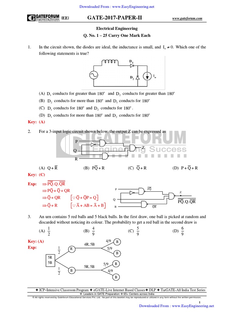 EE GATE 2017 Set II Key Solution PDF | PDF | Electronic Filter | Low ...