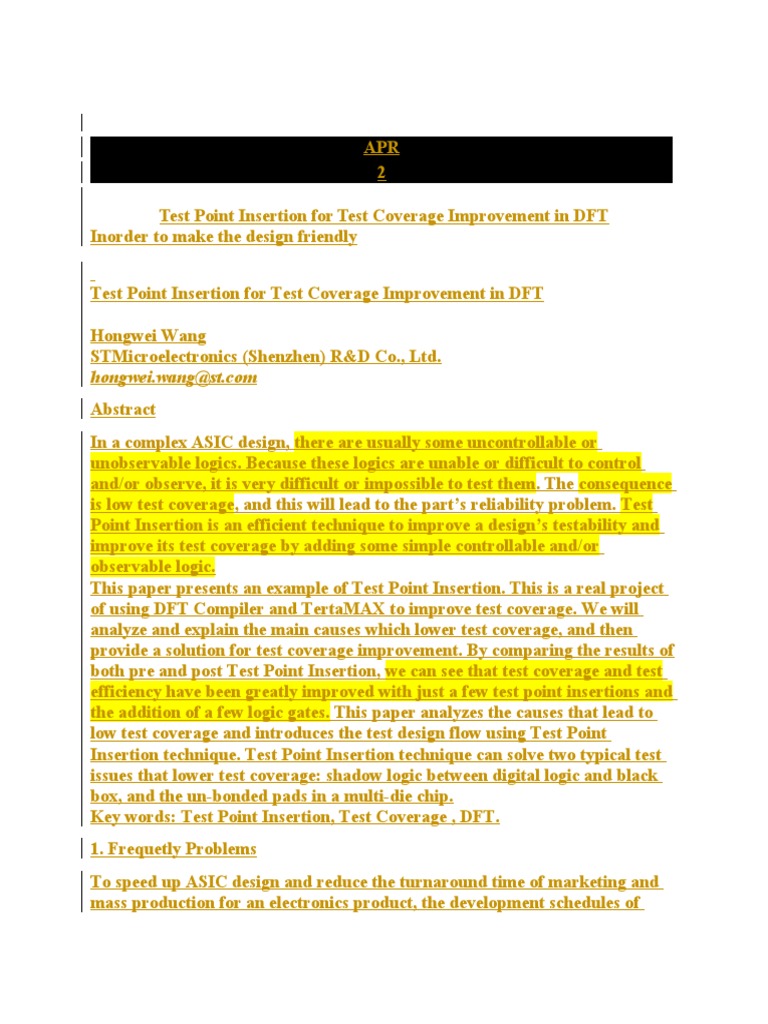 Test Point Insertion For Test Coverage Improvement in DFT Design For