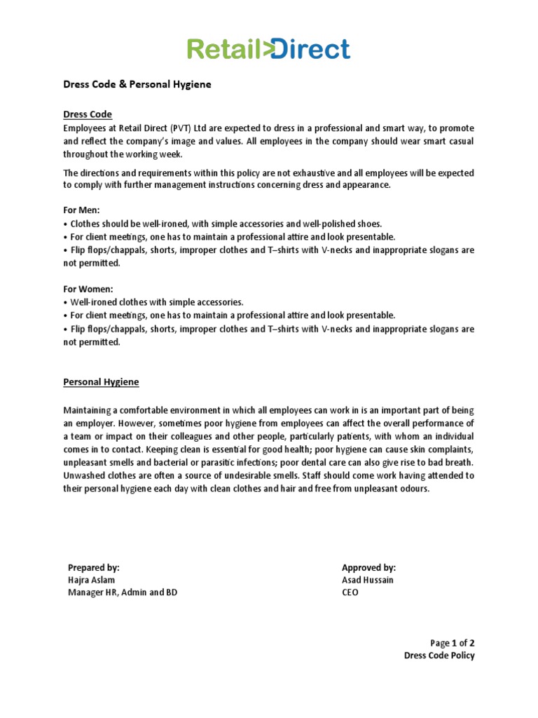 Dress Code Personal Hygiene Policy PDF