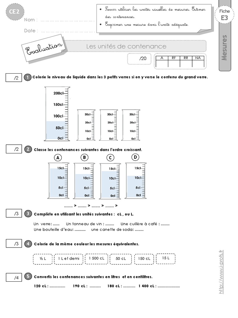 Exercices Sur Les Contenances Ce2 à Imprimer Ce2 Evaluation Contenances PDF | PDF | Bouteille | Liquides