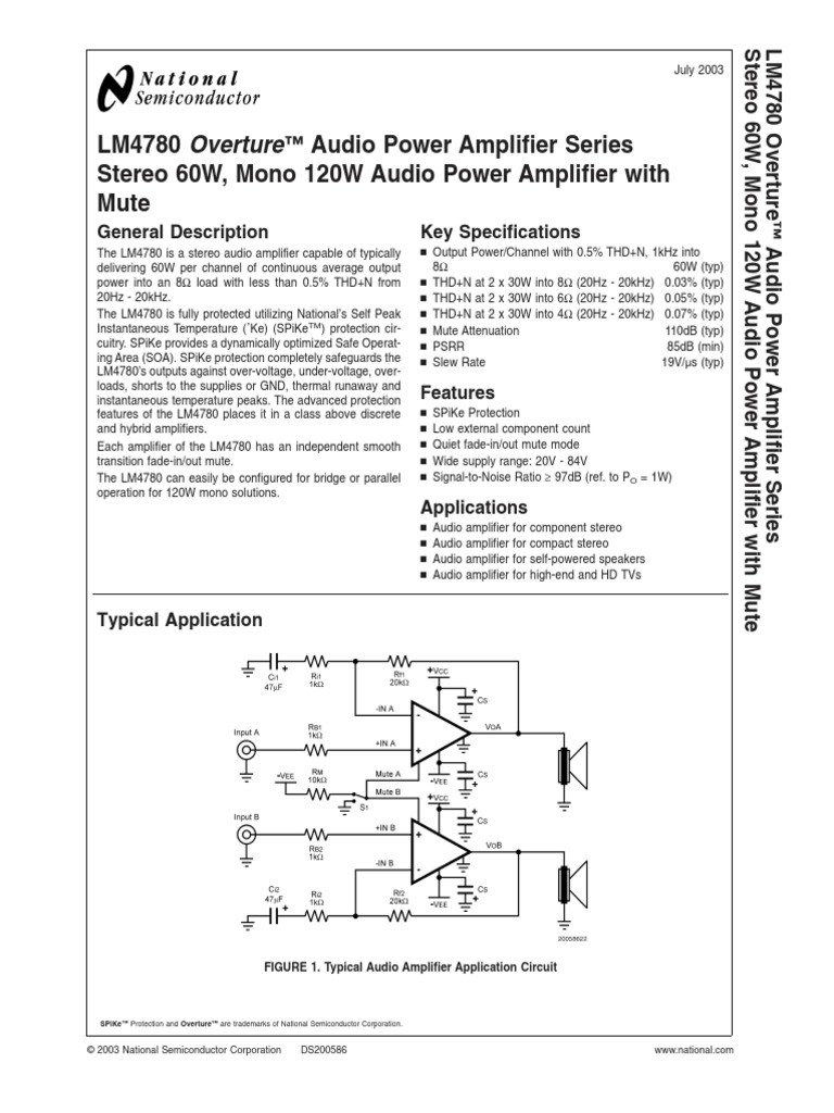 LM4780 Overture Audio Power Amplifier Series Stereo 60W, Mono 120W