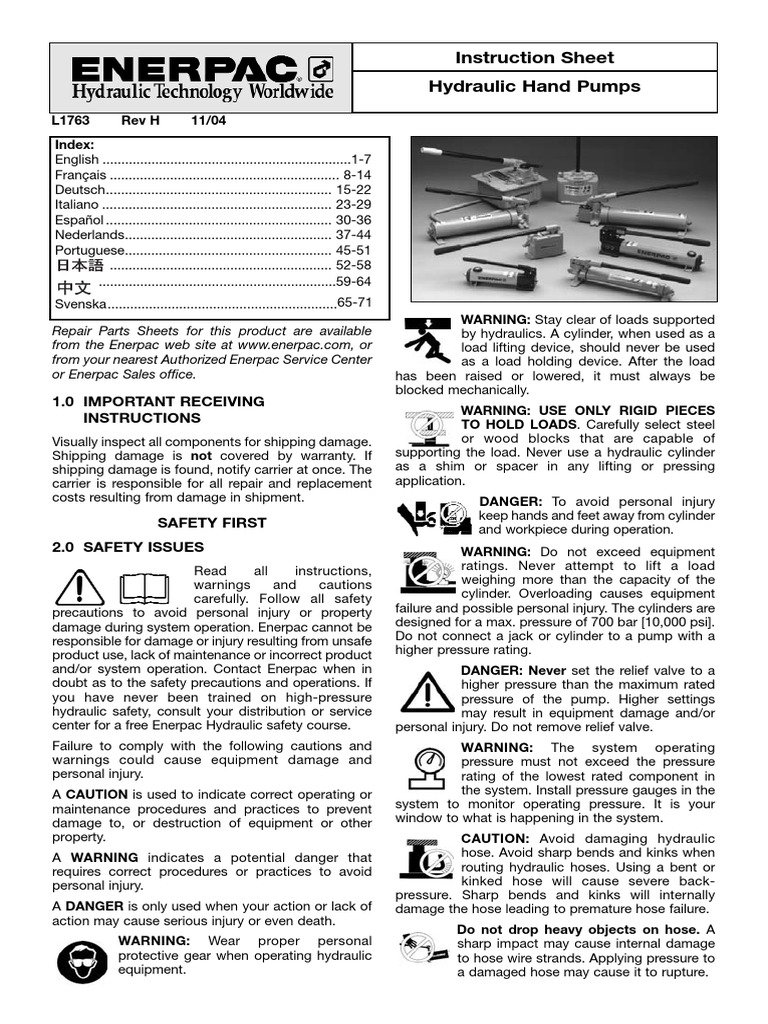 Instruction Sheet Hydraulic Hand Pumps 1.0 Important Receiving Instructions PDF Pump Valve