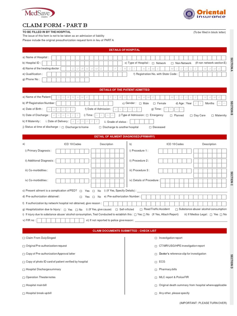 Claim Form Part B To Be Filled in by The Hospital PDF