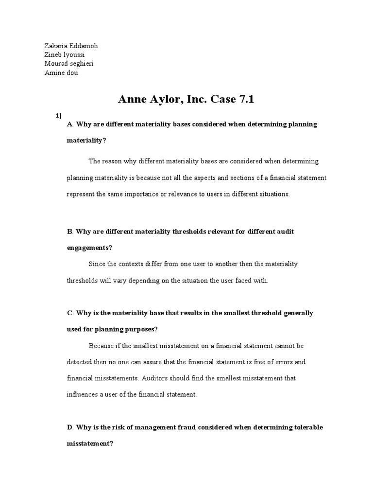 Audit Case Study Materiality PDF Financial Audit Service Industries