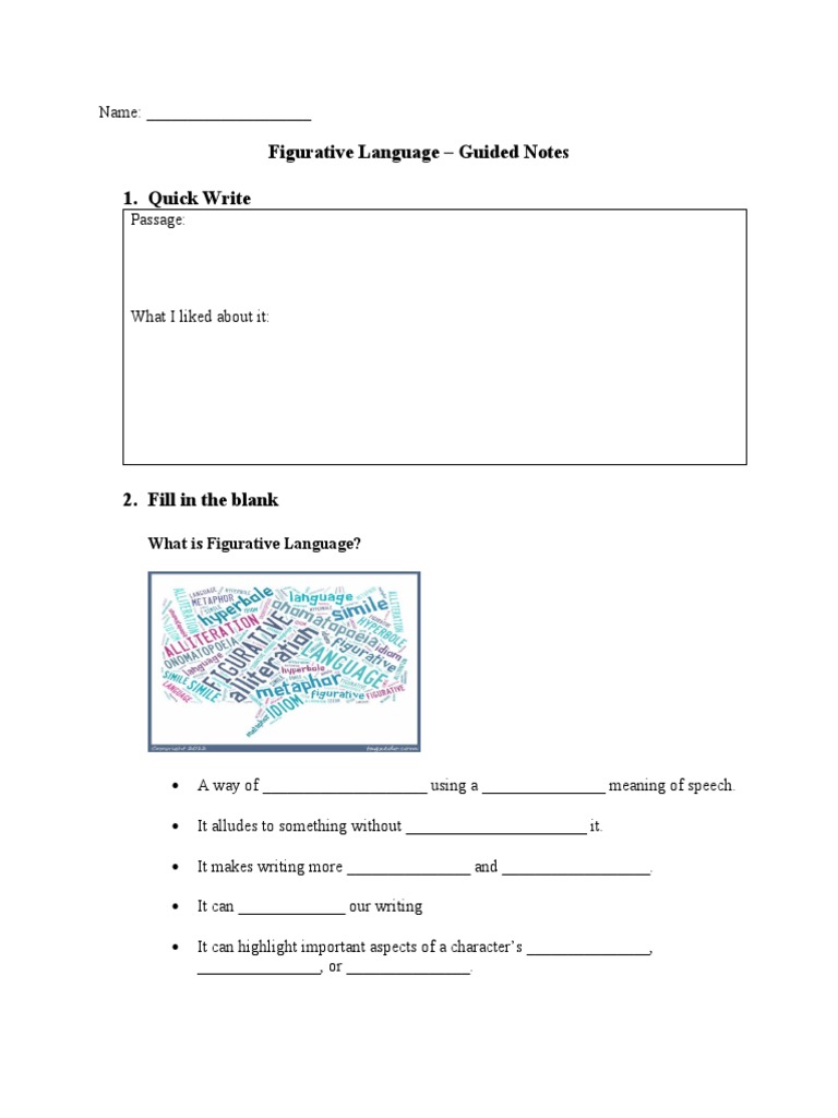 Figurative Language Guided Notes 1. Quick Write PDF Poetic