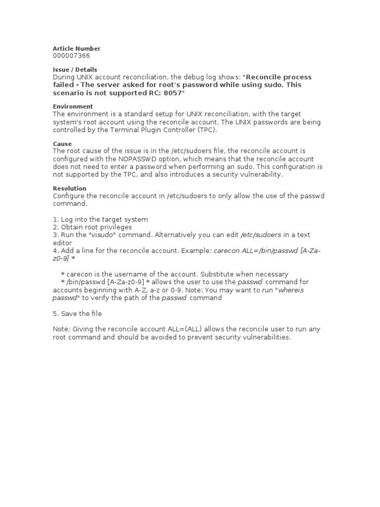 UNIX Reconciliation Sudoers Configuration | PDF