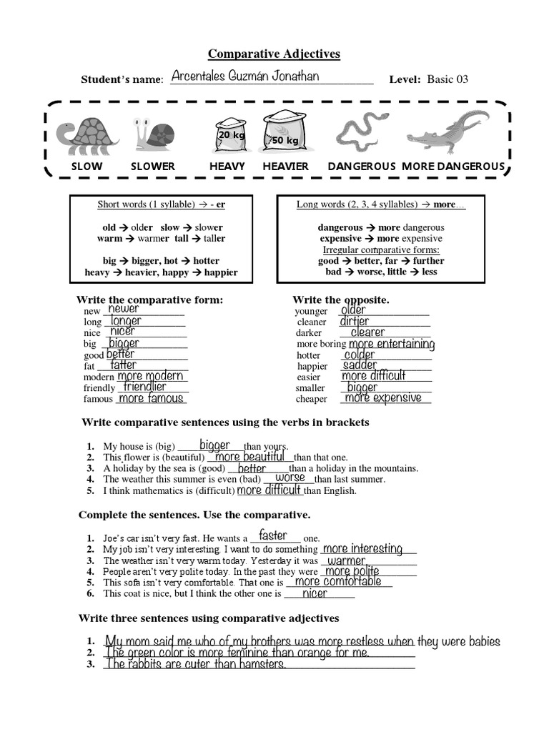 Comparatives Worksheet Pdf Syntactic Relationships Morphology
