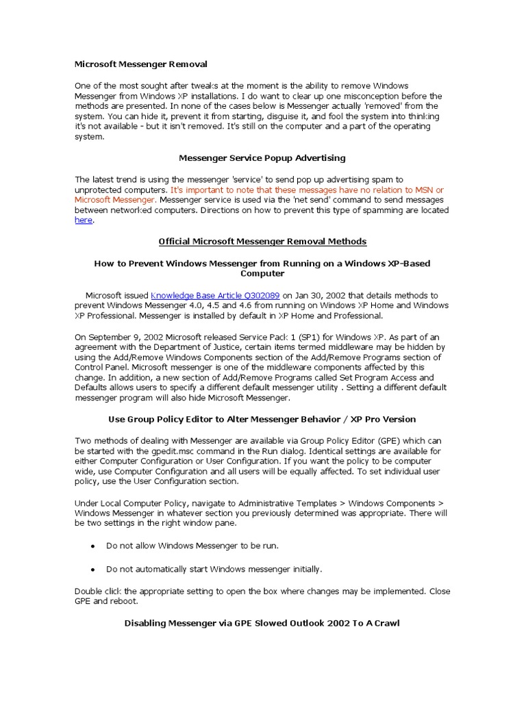 Microsoft Messenger Removal PDF Windows Xp Group Policy