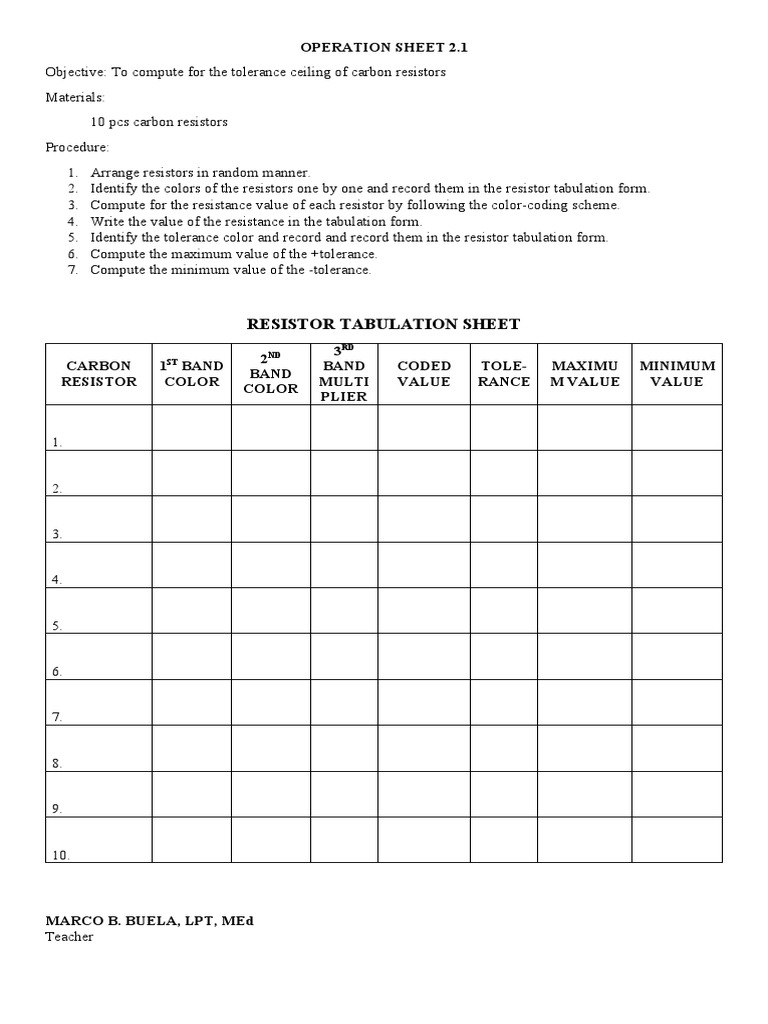 OPERATION SHEET 2.1 Resistor Tabulation Sheet PDF