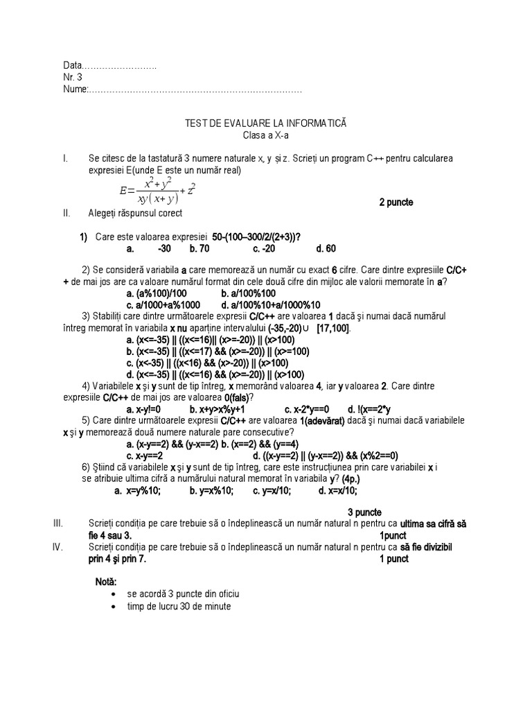 Test Info Clasa10 Nr3 | PDF