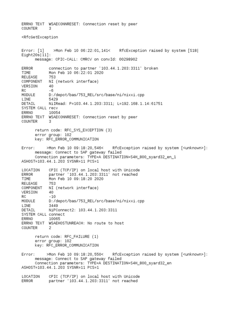 Connection Errors When Attempting to Connect to SAP Gateway at 103.44.1