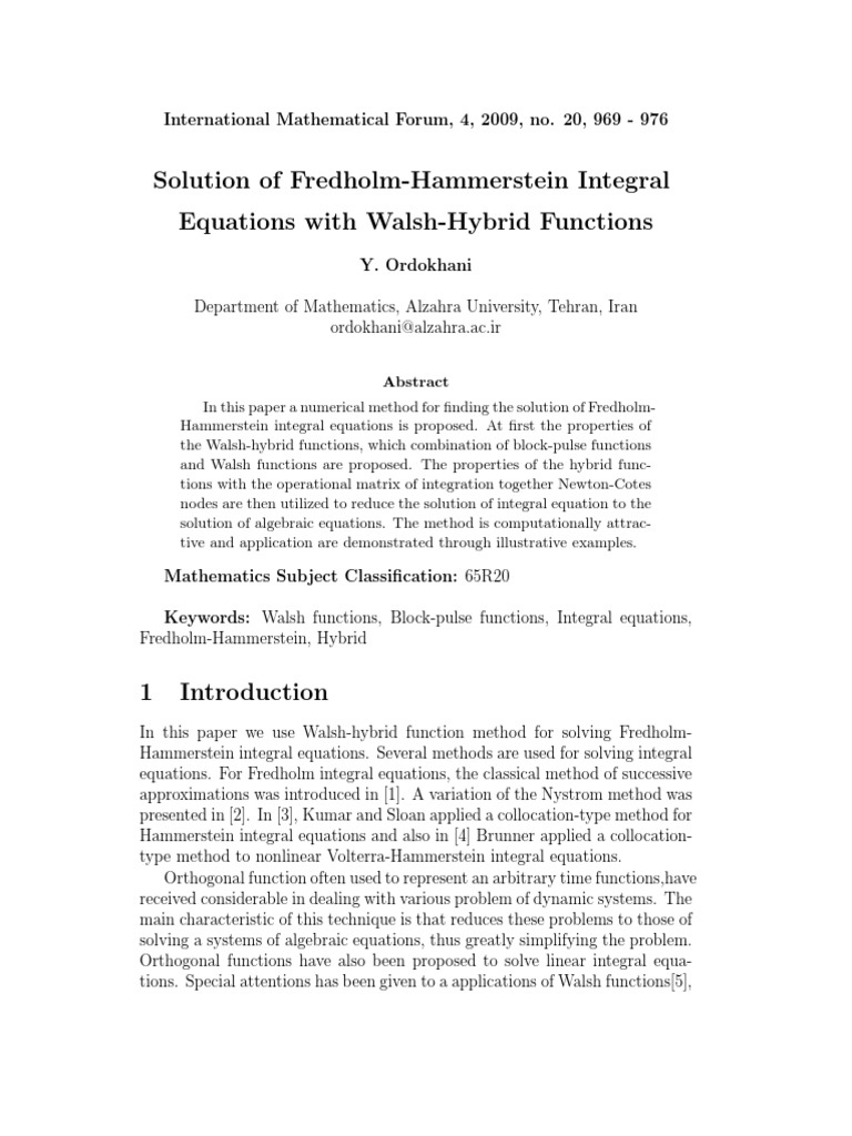 Solution of FredholmHammerstein Integral Equations With WalshHybrid