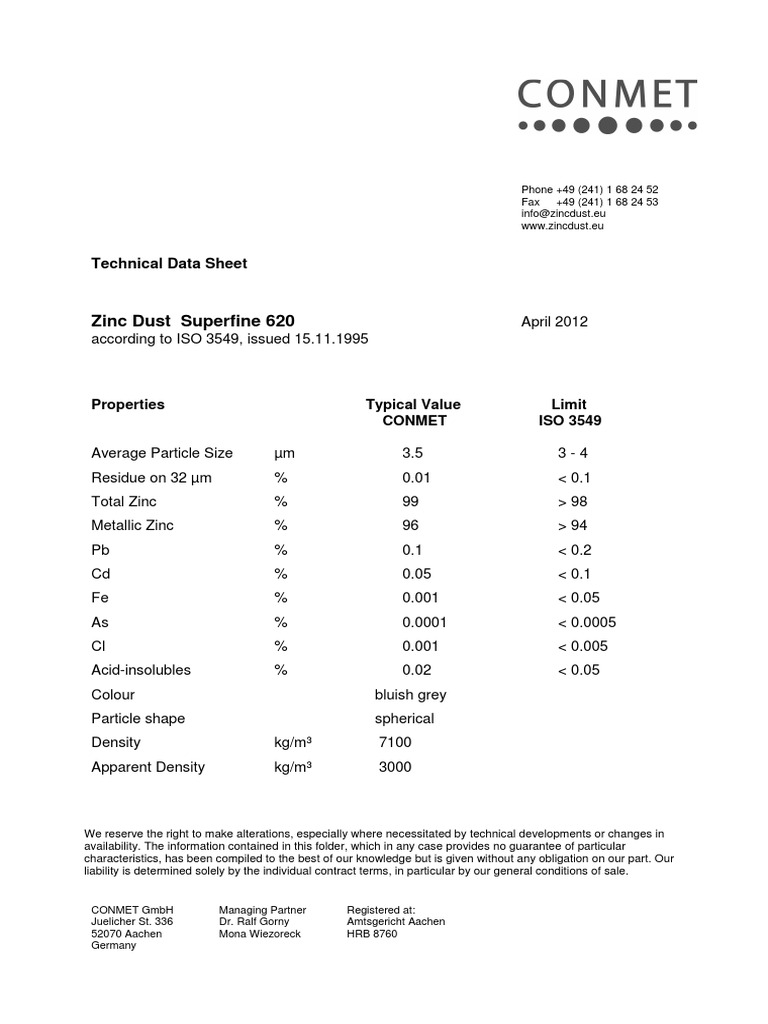 Zinc Dust Superfine 620 Technical Data Sheet PDF Chemistry Nature
