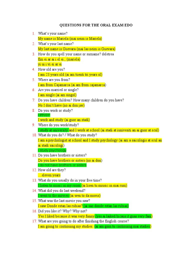 Oral Exam Questions for English Learners | PDF