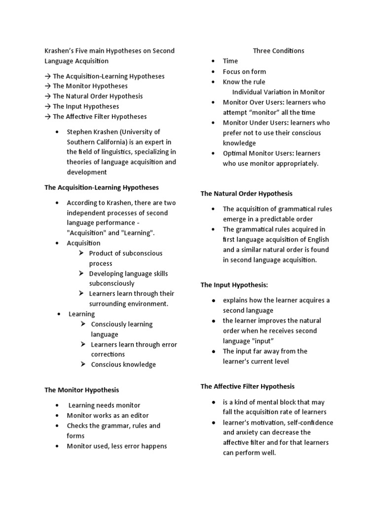 The AcquisitionLearning Hypotheses The Natural Order Hypothesis PDF