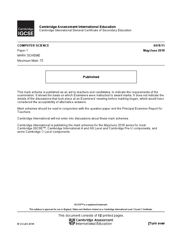 Cambridge Assessment International Education: Computer Science 0478/11 ...