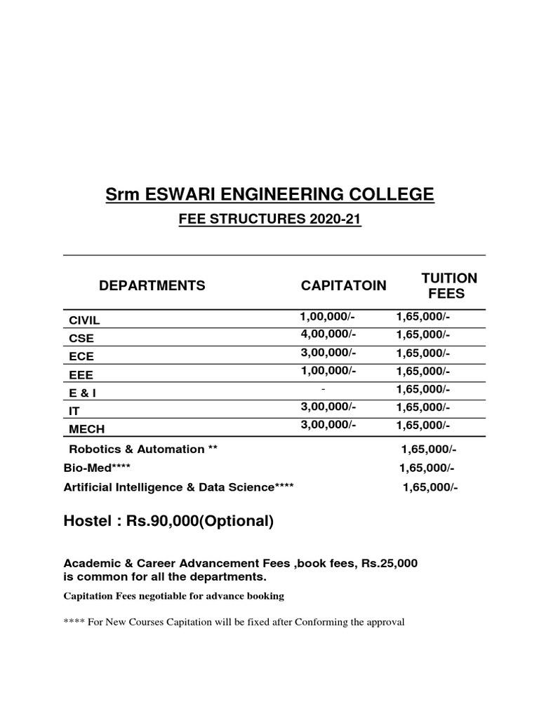 SRM Eswari Engineering College Fee Structures 202021 PDF