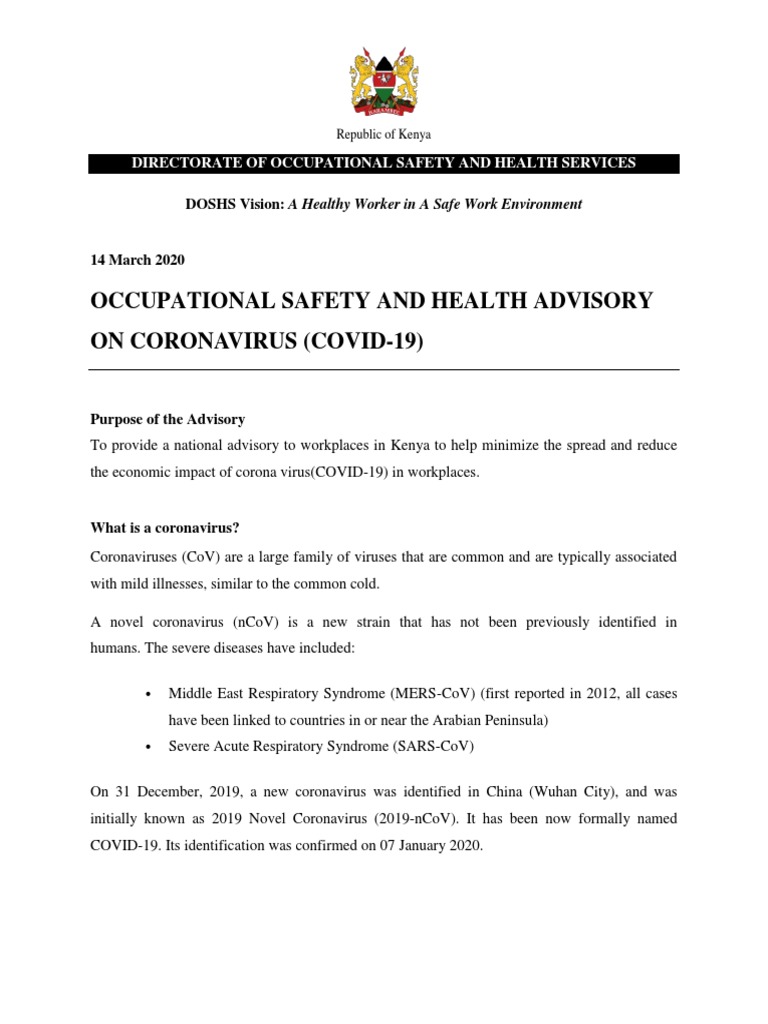 Occupational Safety And Health Advisory On Coronavirus Covid 19 Health Sciences Medical