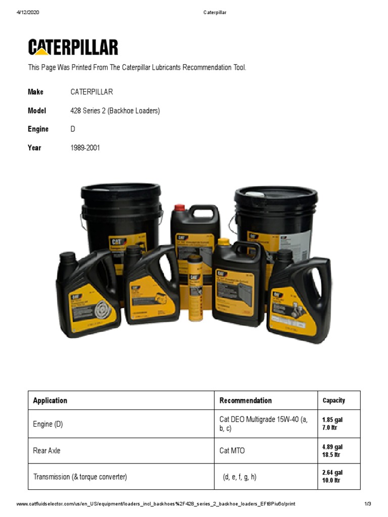 This Page Was Printed From The Caterpillar Lubricants Recommendation Tool Pdf Lubricant