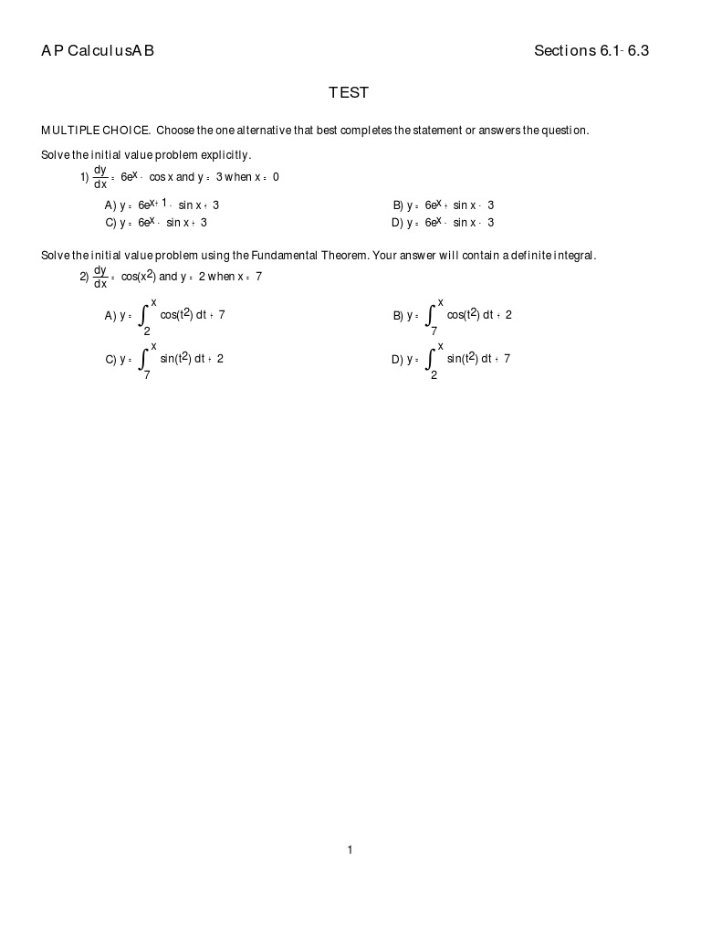 AP Calculus AB Test: Differential Equations | PDF | Integral ...