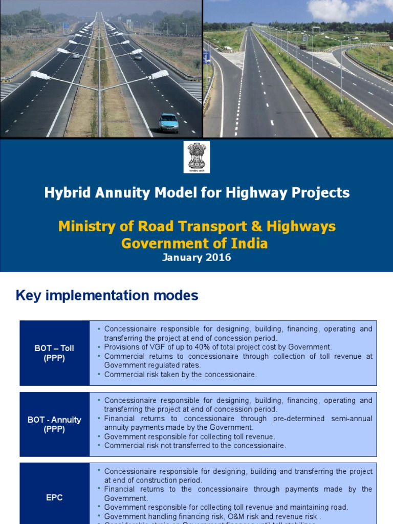 Hybrid Annuity Model For Highway Projects Ministry of Road Transport