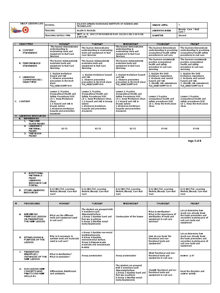 Detailed Lesson Plan Beauty Care | PDF | Environmental Remediation ...