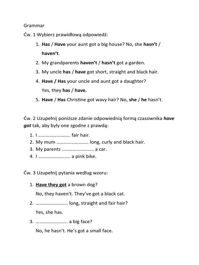 Have Got Has Got Exercises Pdf Klasa 4