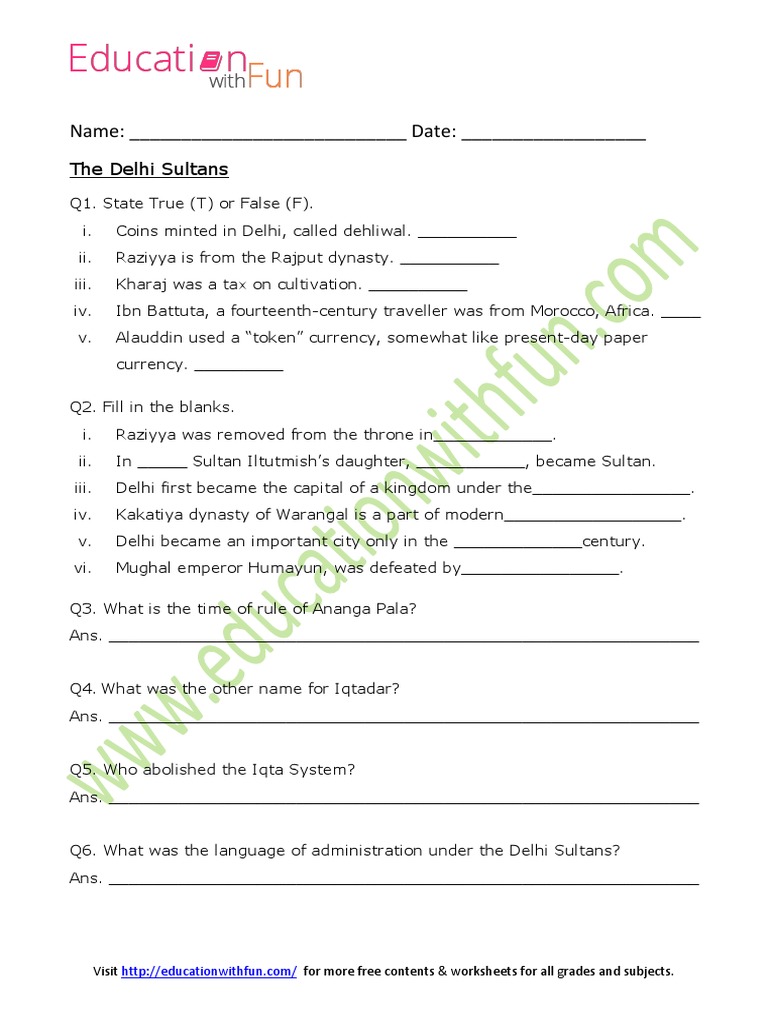 The Delhi Sultans Worksheet 1 | PDF