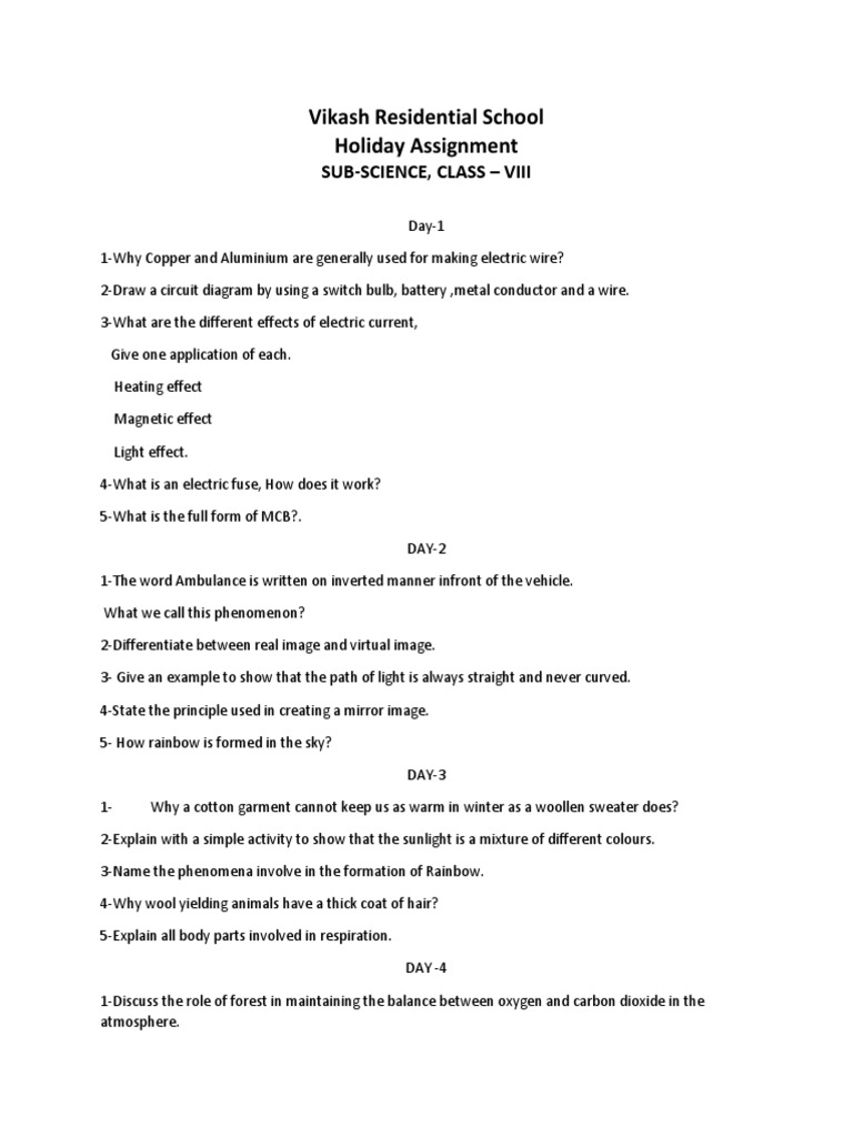 Class VIII Sub-Science Holiday Assignment | PDF | Drink | Chemical ...