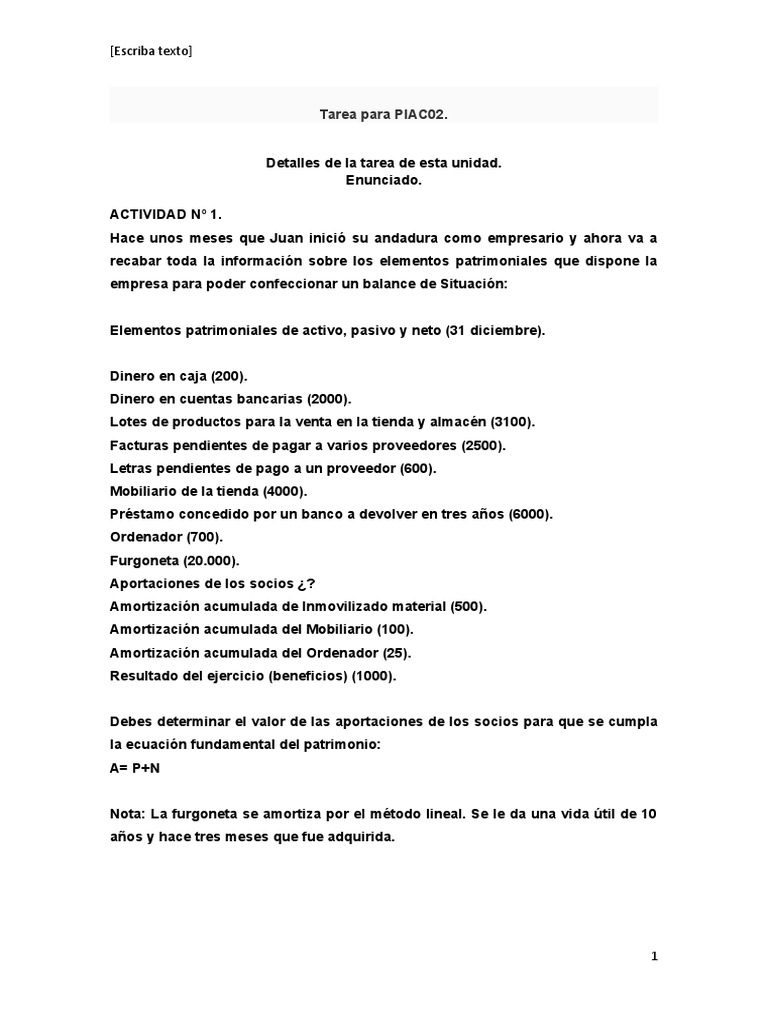 PIAC02 Tarea | | Amortización (Negocio) | Hoja balance