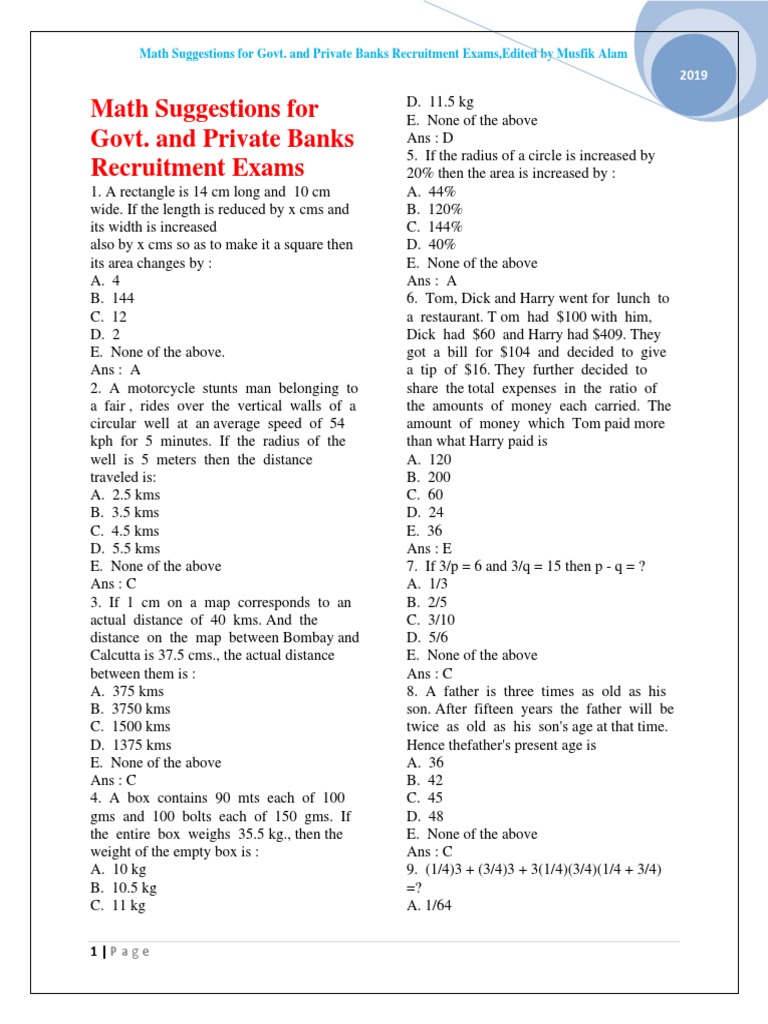Math Suggestions For Govt. and Private Banks Recruitment Exams | PDF ...