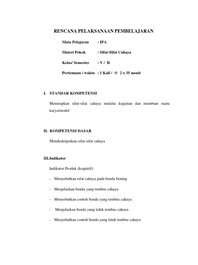 Rpp Ipa Sifat Sifat Cahaya Kelas V Semester Ii