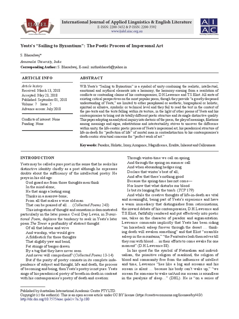 Yeatss Sailing To Byzantium The Poetic Process of PDF PDF T. S