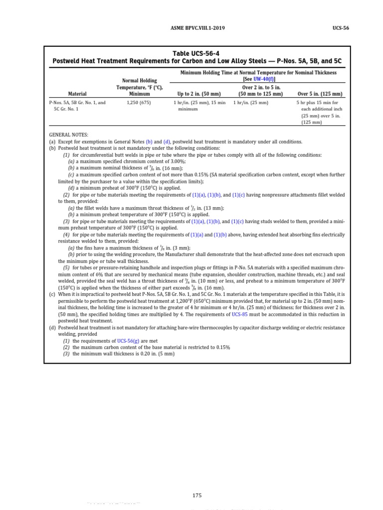 Table UCS-56-4 Postweld Heat Treatment Requirements For Carbon and Low ...
