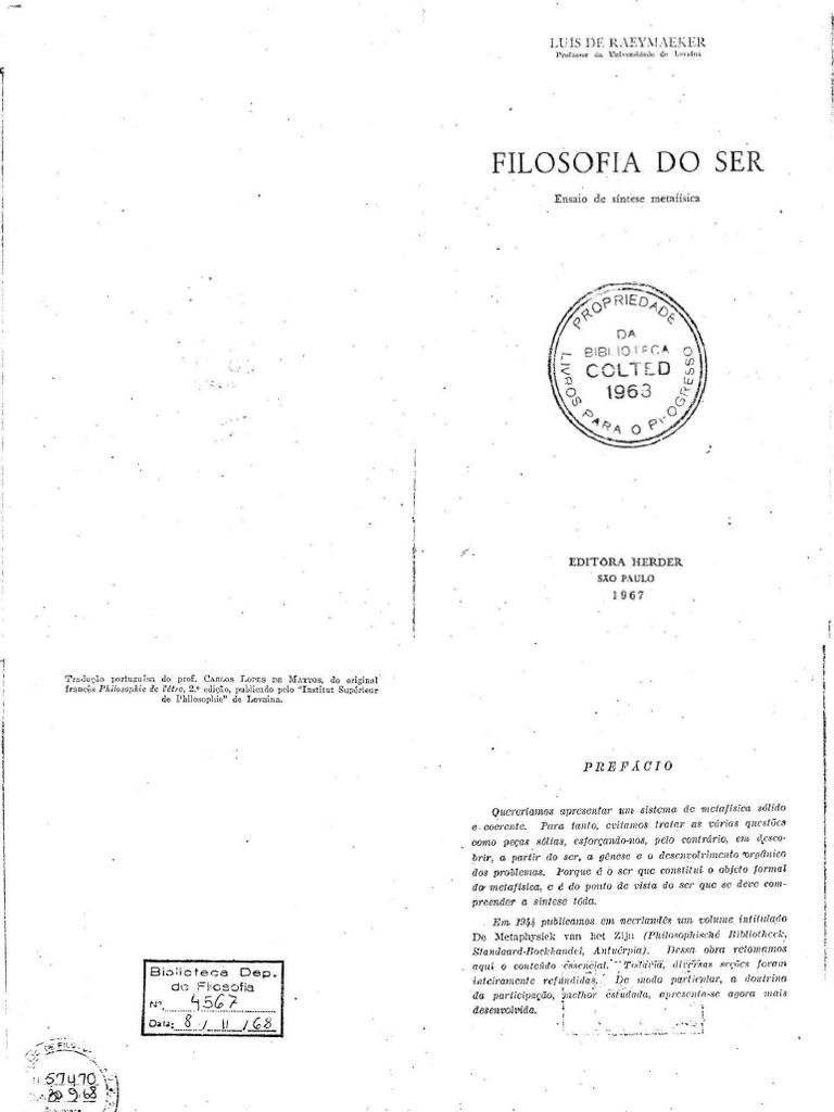 Raeymaeker Luis De Filosofia Do Ser Sao Paulo Editora Herder 1967 Metafisica Causalidade