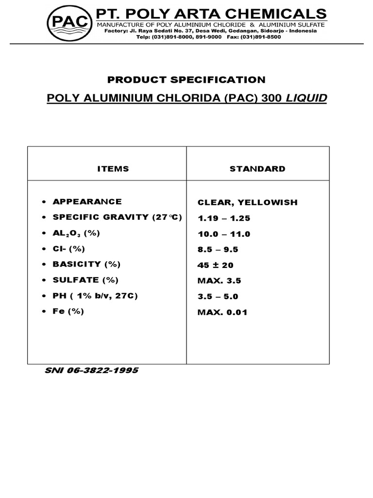 Poly Aluminium Chlorida (Pac) 300 Liquid: Product Specification | PDF
