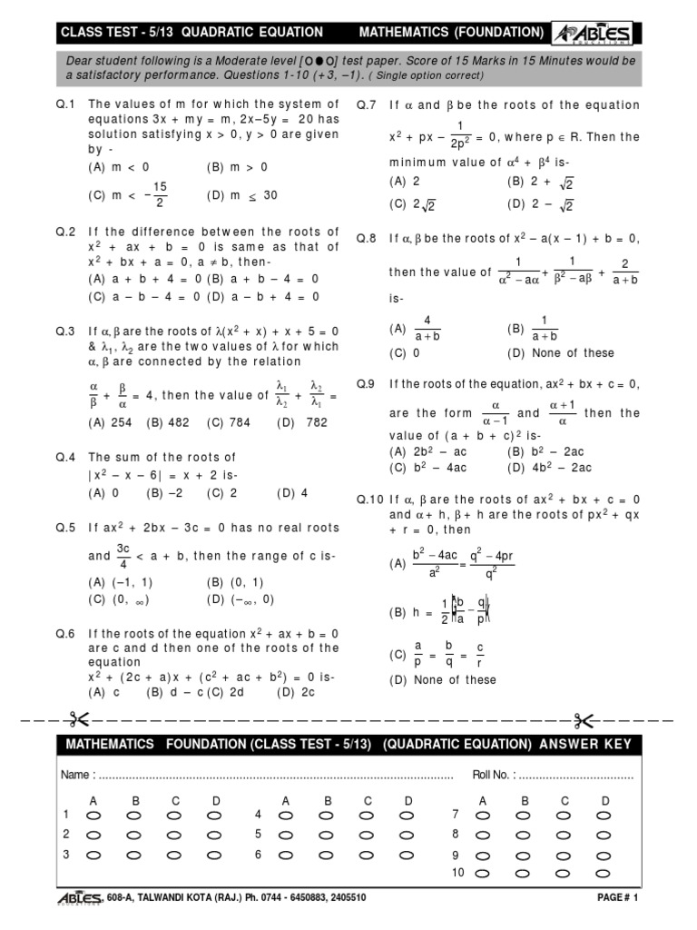 F HG I KJ: Class Test - 5/13 Quadratic Equation Mathematics (Foundation ...