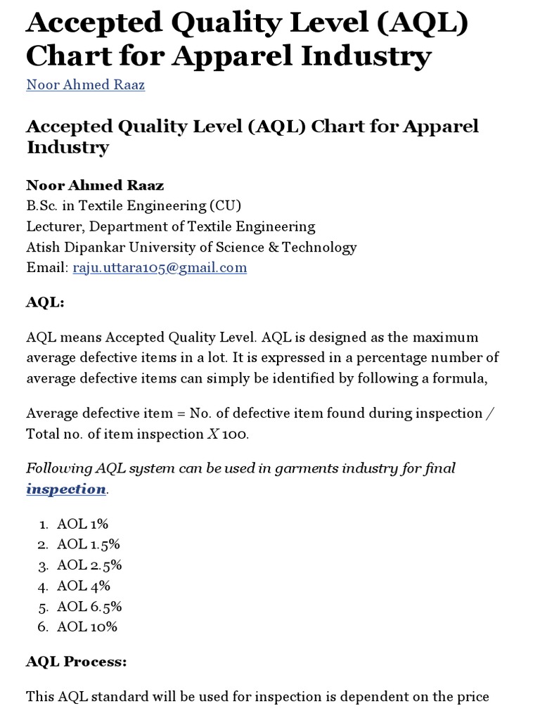 Accepted Quality Level (AQL) Chart For Apparel Industry Textile ...