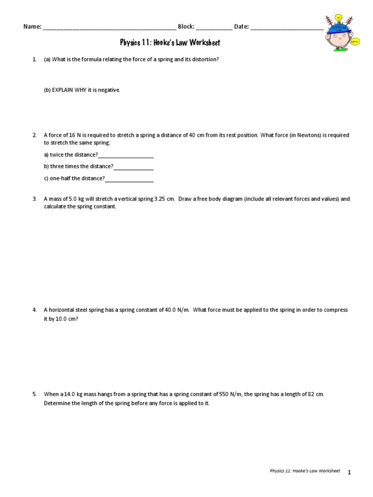 Physics 11: Hooke’s Law Worksheet | Force | Mass
