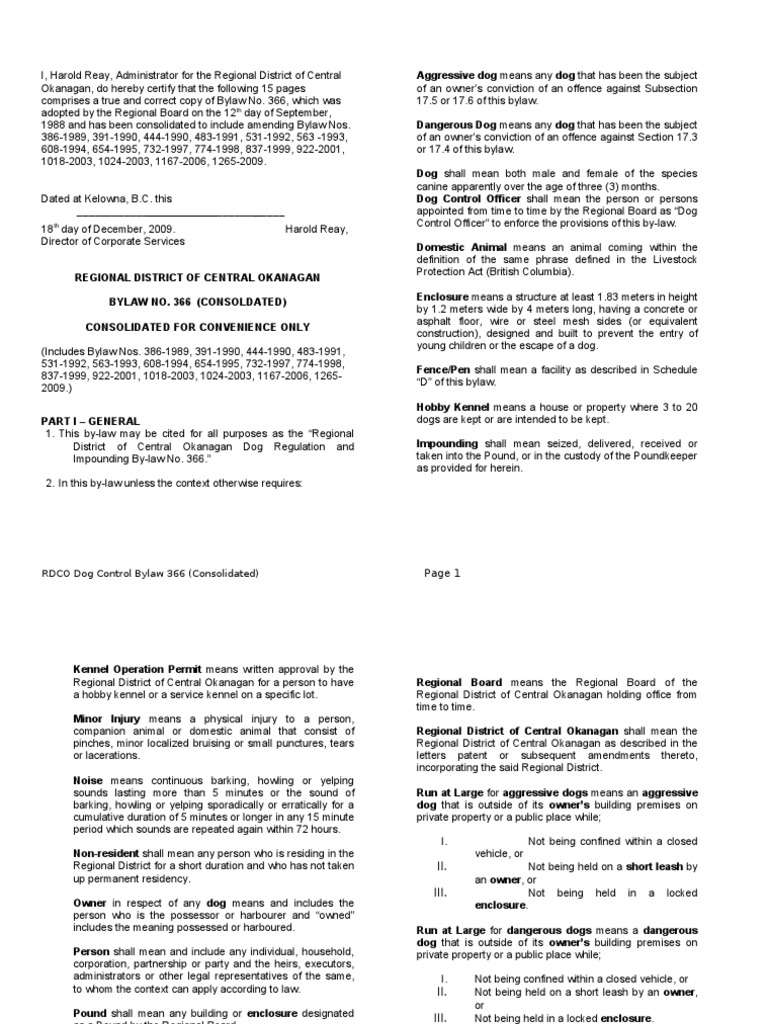 366 Dog Control Bylaw Consolidated 2006 Updated 2009 PDF Leash