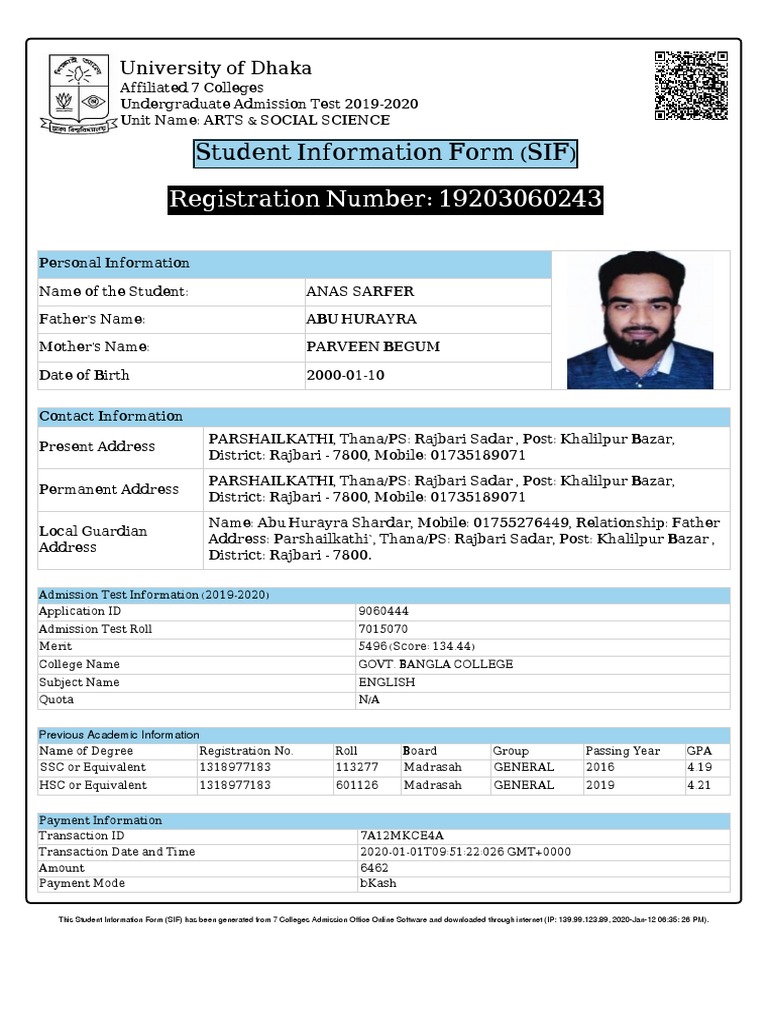 Registration Number: 19203060243: Student Information Form (SIF) | PDF ...
